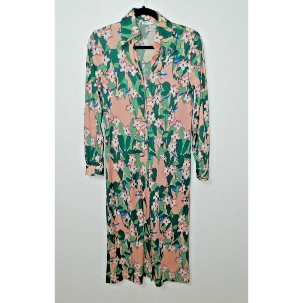 Hanae Mori Dress Size 10 Pink Green Vintage 1970s Floral Button Up Made in Tokyo